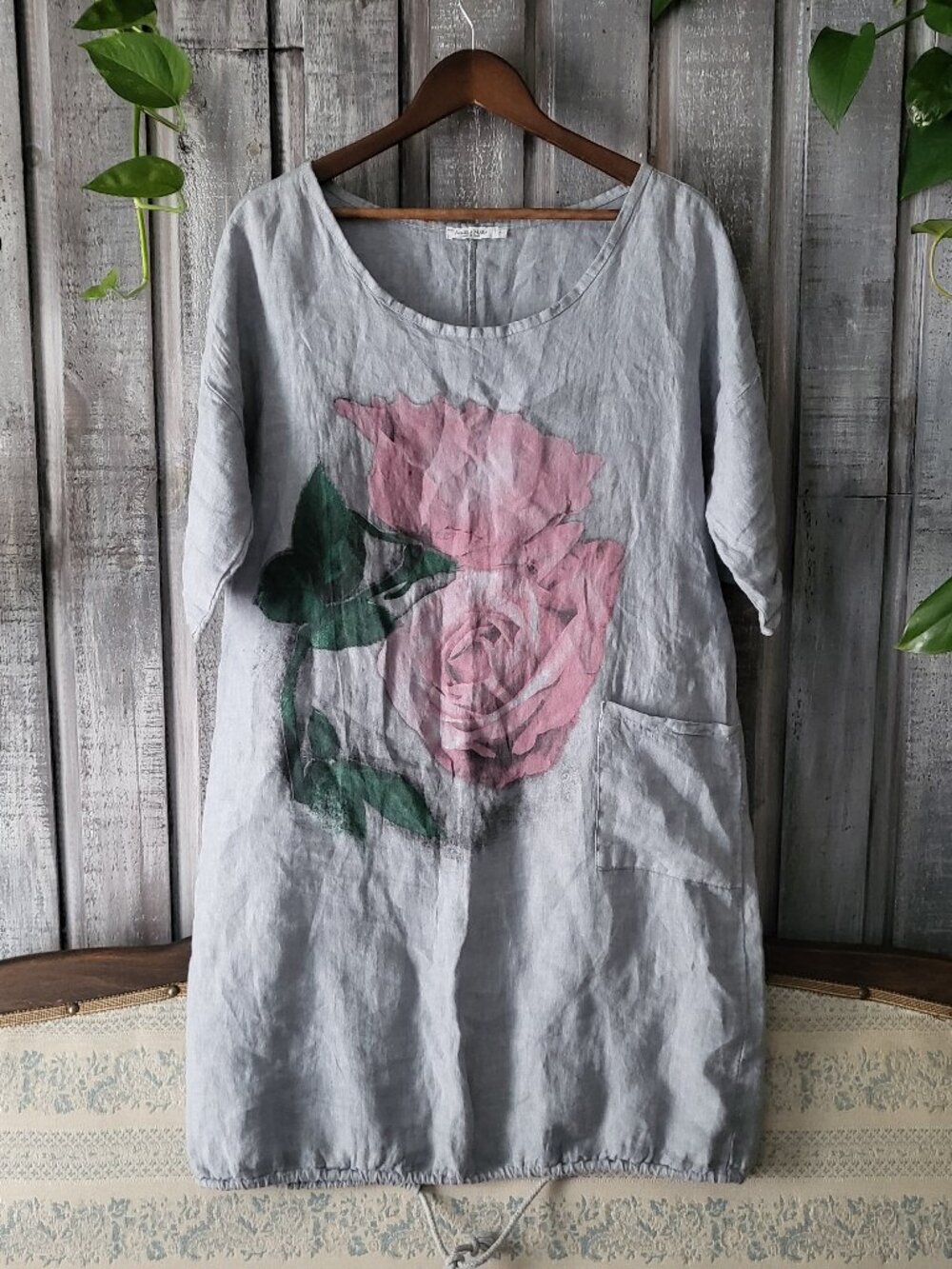 Angela Mara Italy Gray Linen Rose Dress Tunic Roll Tab Sleeve S